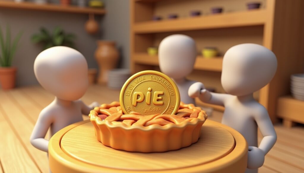 a group of cartoon characters sitting at a table with a pie