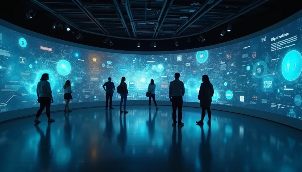 a group of people looking at a large screen